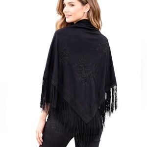 Embroidered Fringe triangle Wrap Scarf Pareo Black with Tonal Flowers